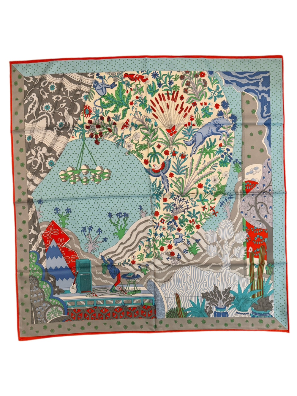 Luxury 90cm Silk Scarf in Aqua, Cream, Red